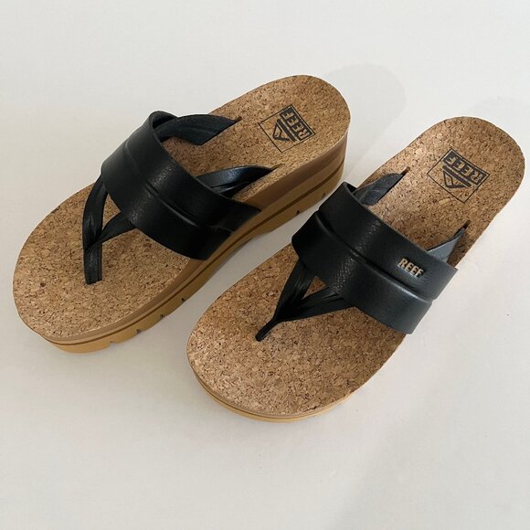 NEW REEF Vista Higher Lennox Platform Thong Comfort Sandal Vegan Leather Black 5 - Picture 8 of 13